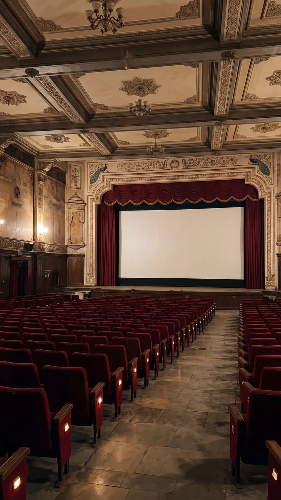 An empty single-screen cinema hall with rows of red seats facing the screen