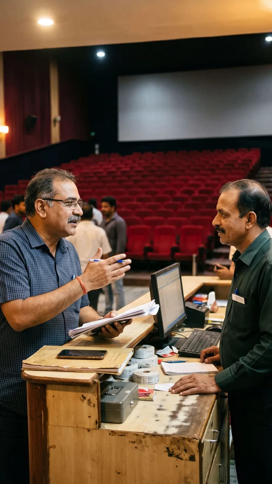 A film distributor discussing collection figures with a cinema theatre manager at the box office counter