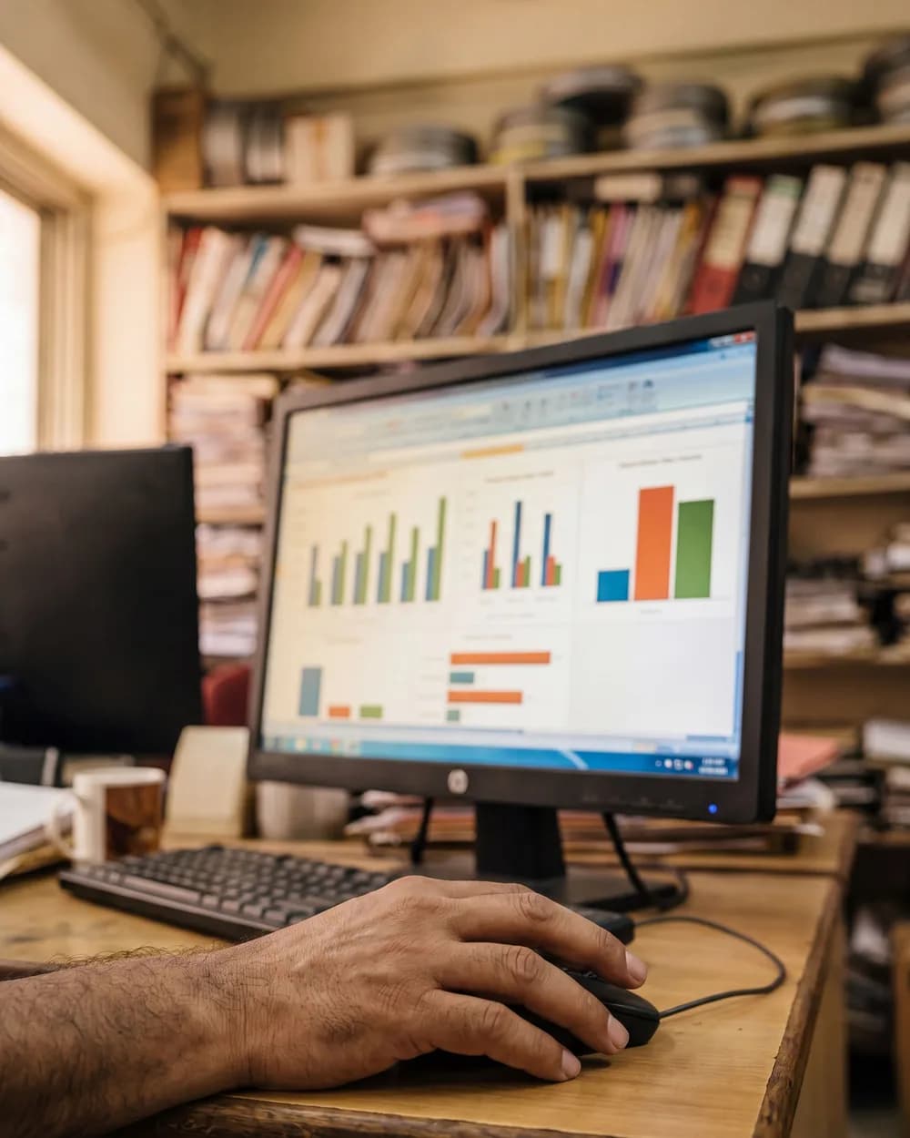A hand on a computer mouse in front of a screen showing bar charts of film performance
