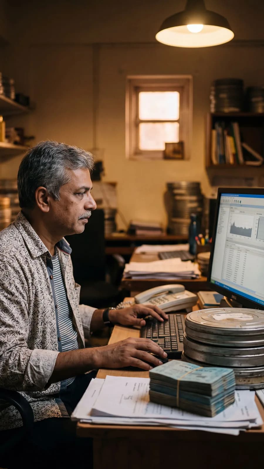 A distributor working at a desktop computer beside stacked film reel canisters and cinema tickets