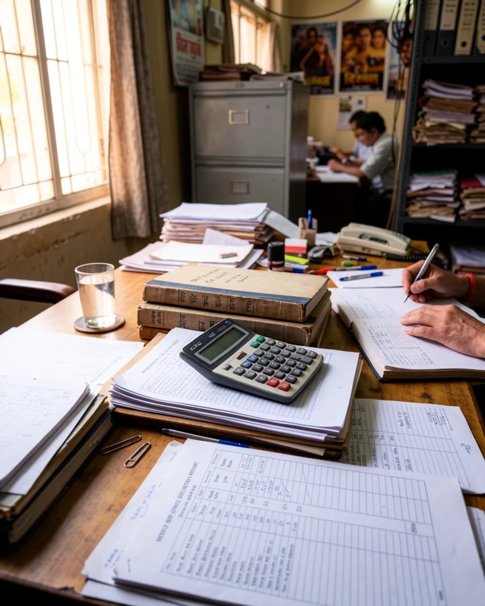 A calculator resting on weekly box-office collection report sheets