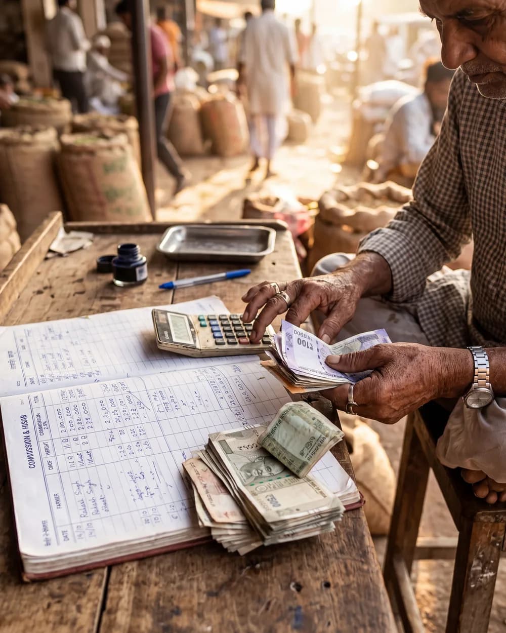 A commission agent counting cash next to a calculator and commission ledger