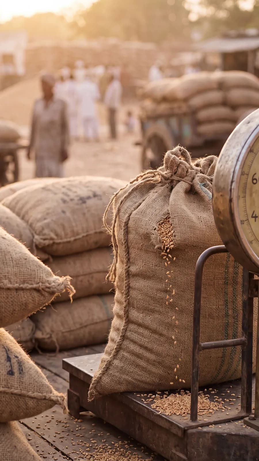 Grain sacks being weighed at a Mandi yard