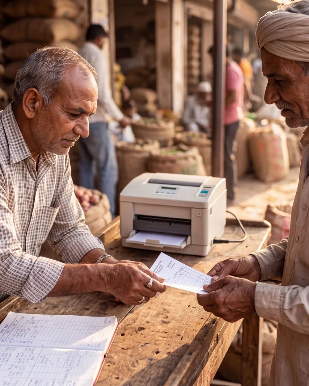 A commission agent handing a printed GST bill to a farmer at the Mandi counter