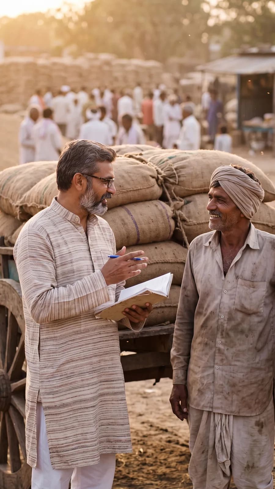 A commission agent noting down a farmer’s lot at the weighing scale