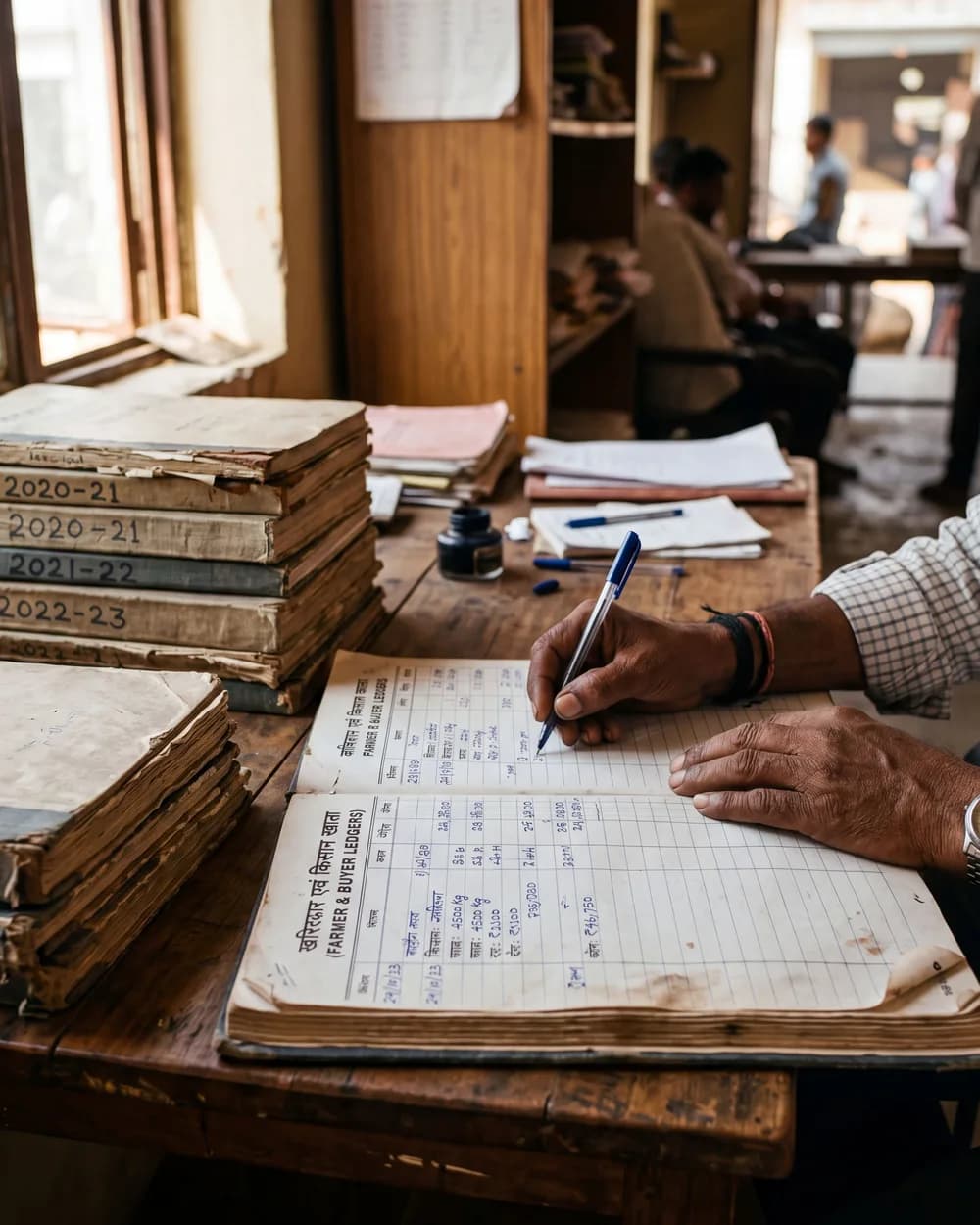 A commission agent writing an entry into a farmer and buyer ledger book