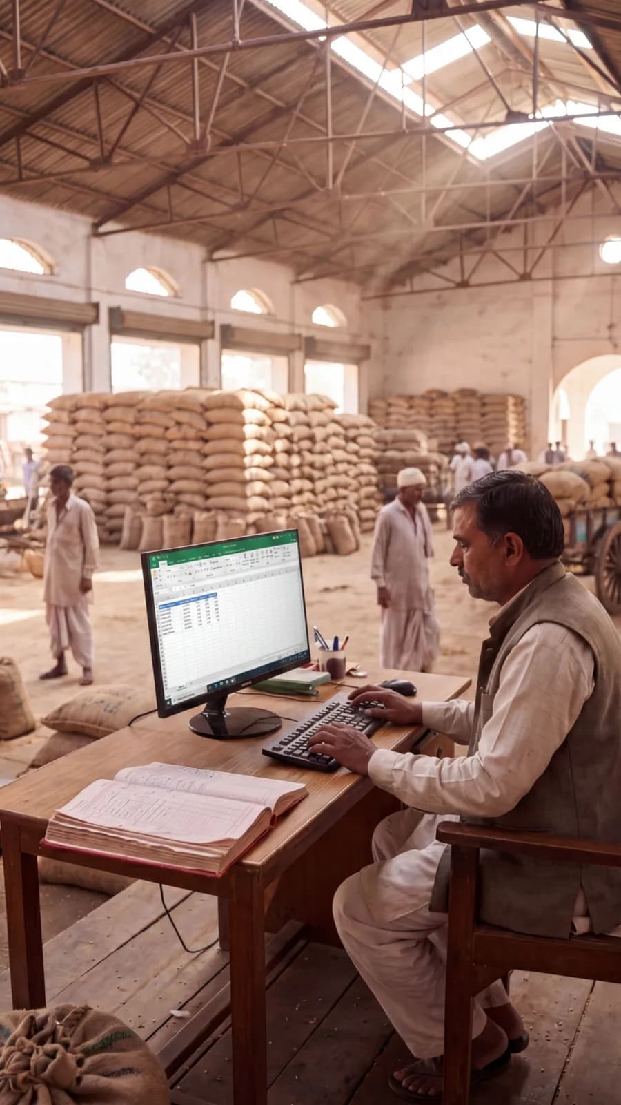 A commission agent recording a lot on the computer inside the Mandi hall
