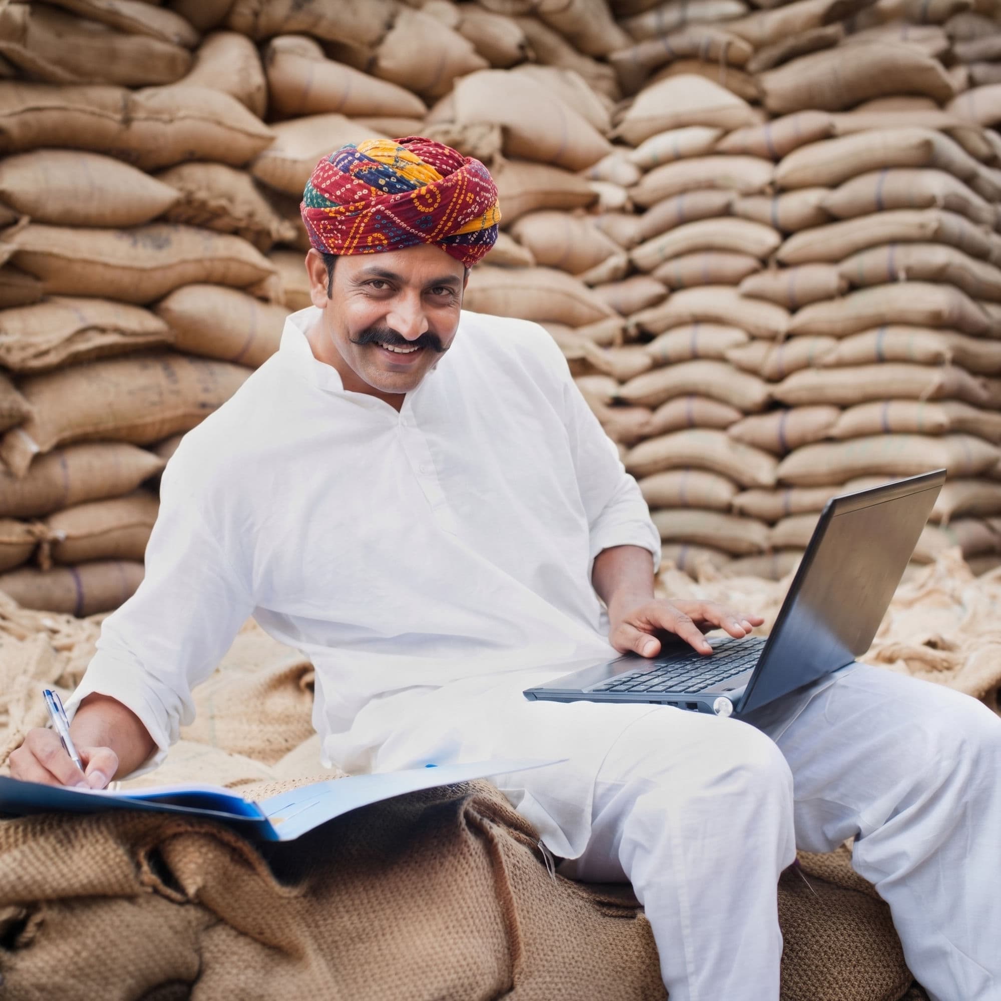 A Mandi trader managing purchase and sales entries on a laptop, seated among stacked grain sacks