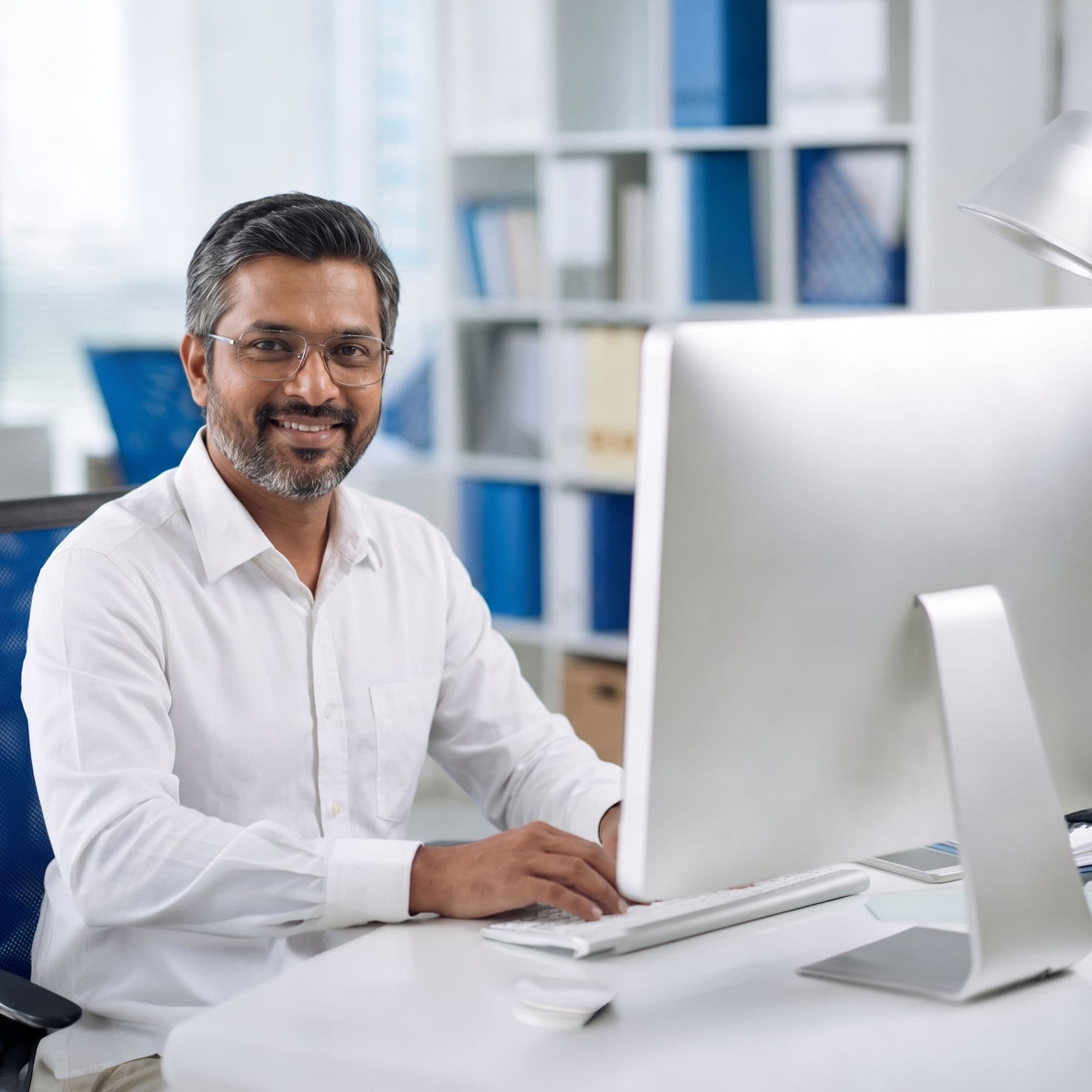 Business owner working at his desktop computer in his office